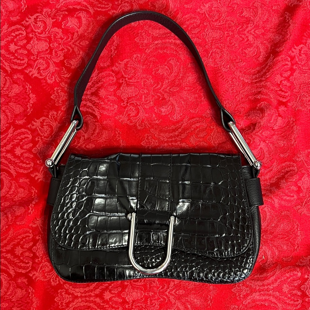 Vince Camuto Black Croc Embossed Leather Shoulder Bag Silver Hardware
